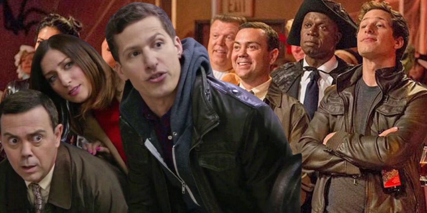 A blended image features Boyle, Gina, and Peralta in the Brooklyn 99 episode Yippie Kayak and the cast of Brooklyn 99 in the episode Halloween II