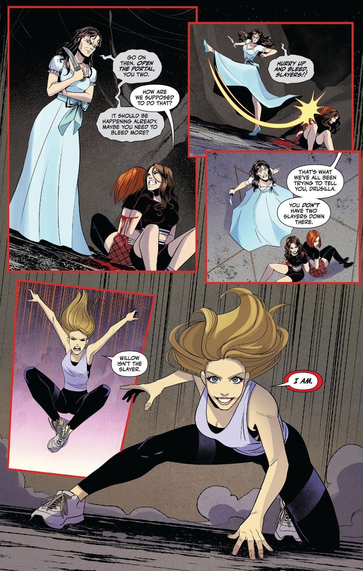 Buffy the Vampire Slayer enters to save Faith and Willow from Drusilla