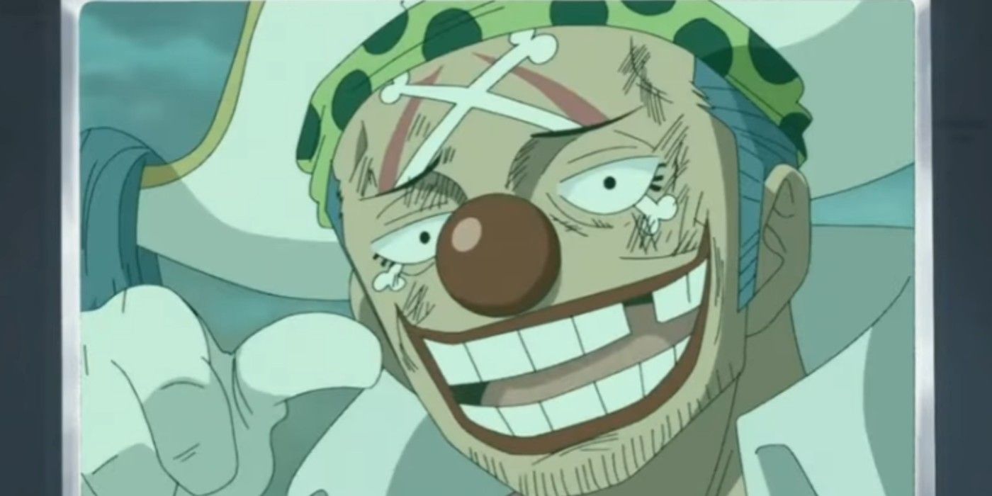 Buggy on TV at Marineford pointing to himself with a missing tooth.