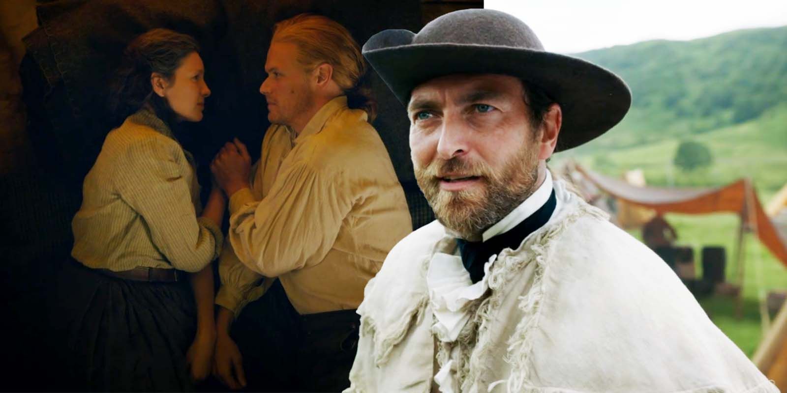 Caitríona Balfe as Claire Fraser, Sam Heughan as Jamie Fraser, and Barry O&rsquo;Connor as Colonel Daniel Morgan in Outlander season 7 episode 6