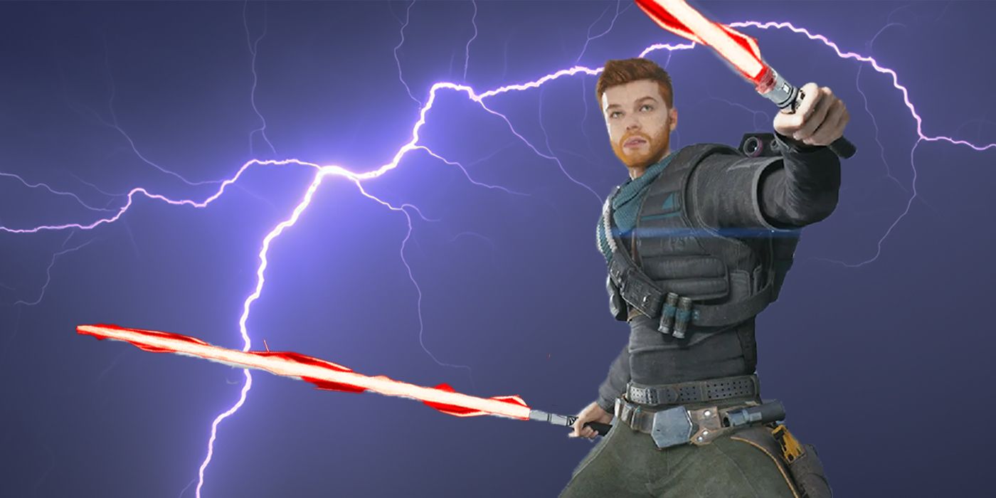 Cal Kestis dual-wielding red lightsabers with lightning strikes behind him