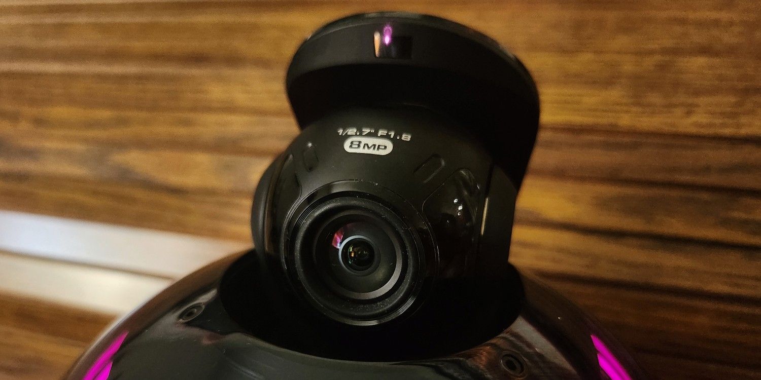 An up close of Ebo&rsquo;s head-mounted, stabilized camera