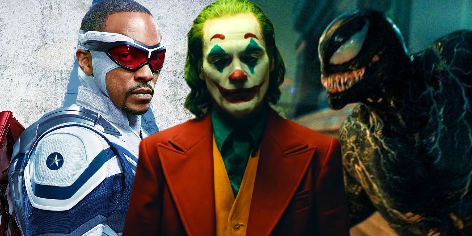 Joaquin Phoenix as Joker between Anthony Mackie&rsquo;s Captain America and Tom Hardy&rsquo;s Venom