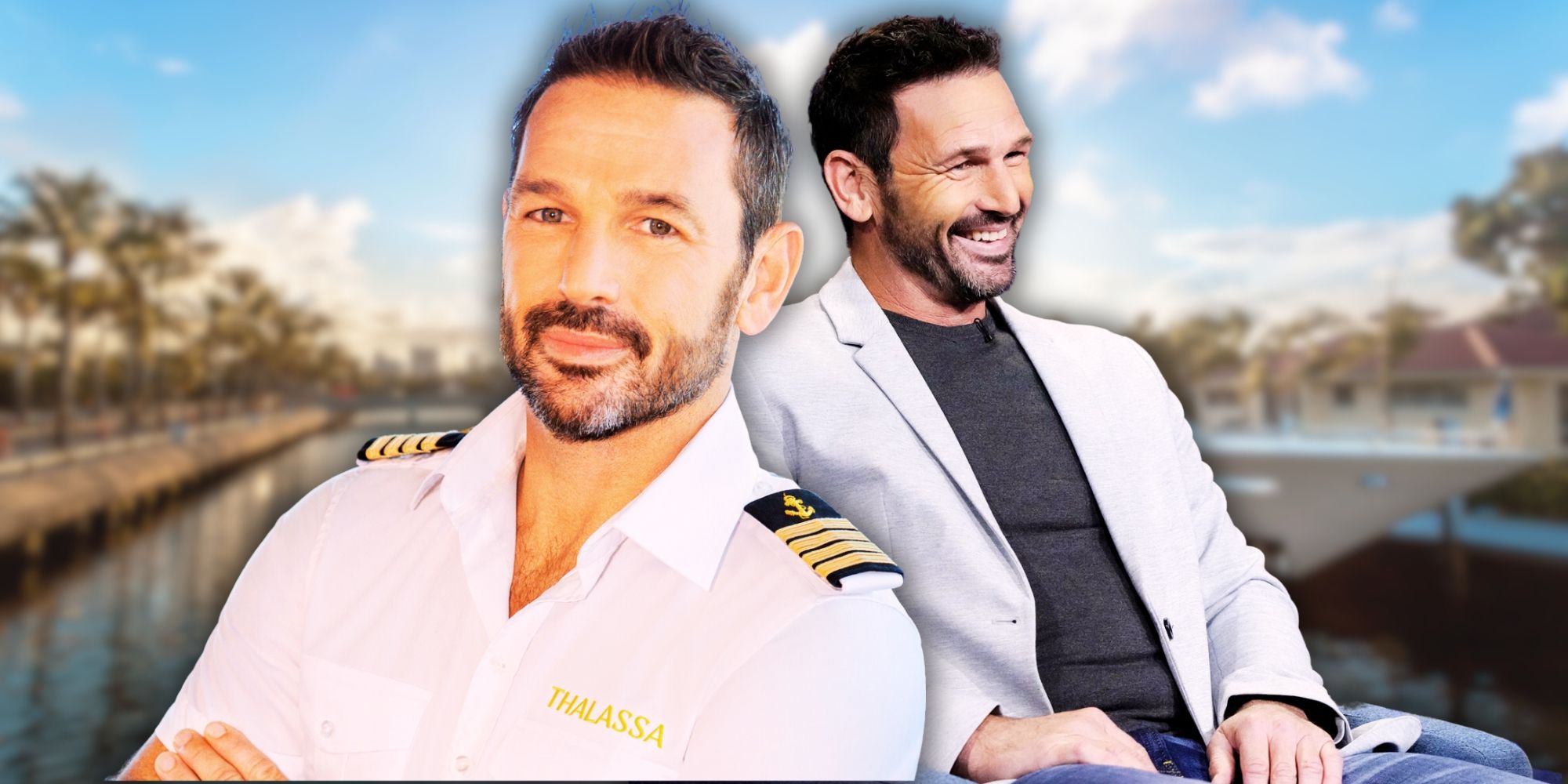 Below Deck Down Under's Captain Jason Chambers in his uniform with folded hands and a photo of him sitting down and smiling dressed in a white blazer and jeans outfit