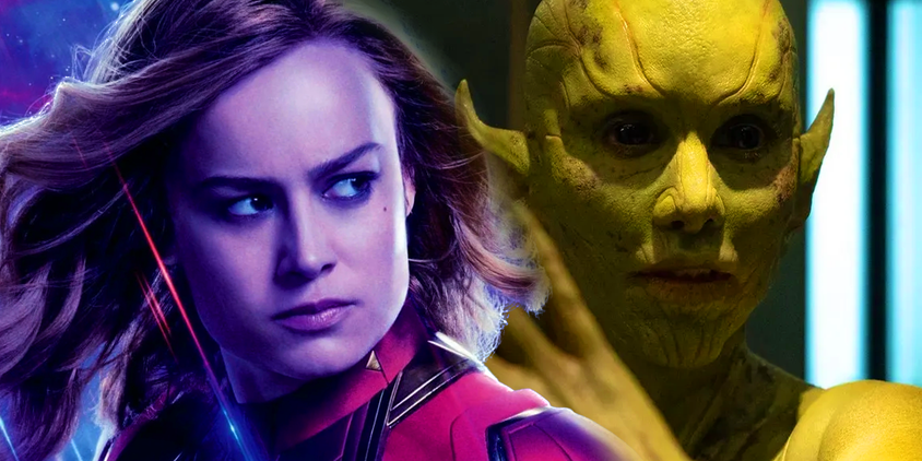 Captain Marvel in Avengers Endgame with Skrull Rhodey in Secret Invasion