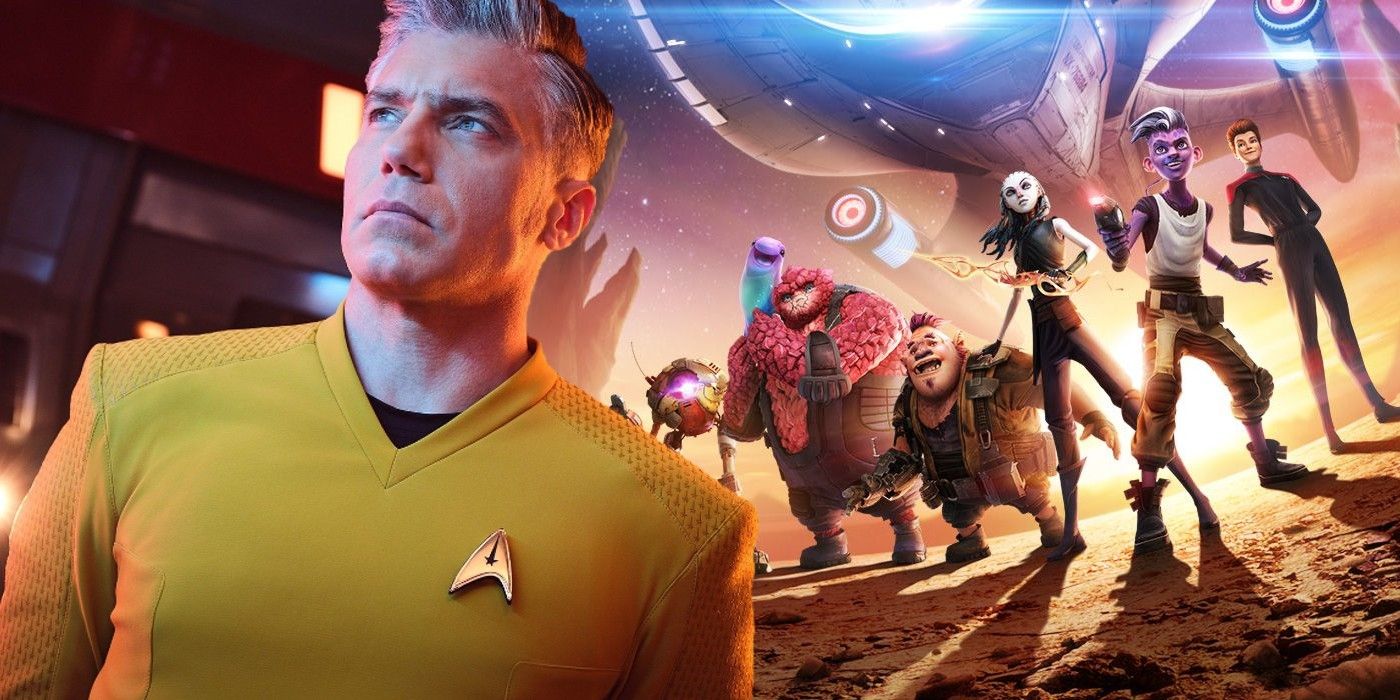 Captain Pike from Star Trek: Strange New Worlds and the Star Trek: Prodigy cast.