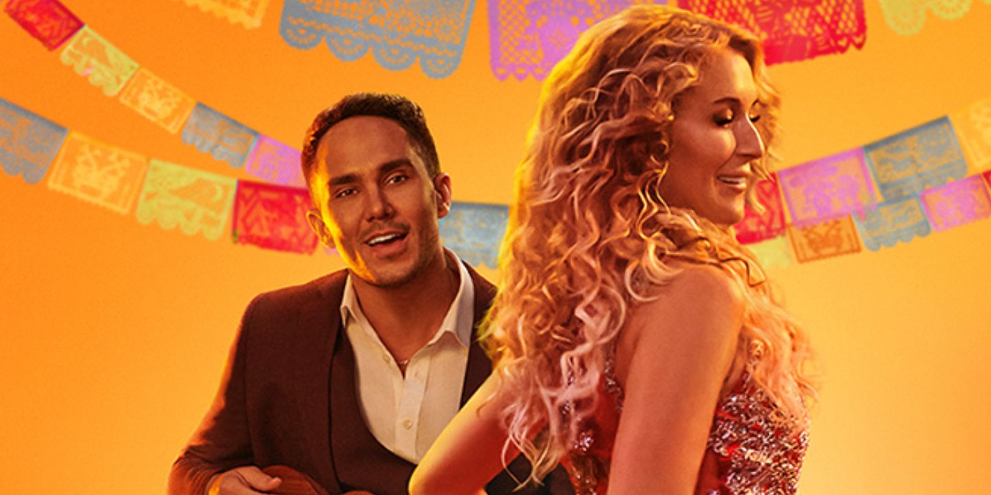 Carlos and Alxa PenaVega in the bright artwork for their Hallmark movie Never Too Late To Celebrate