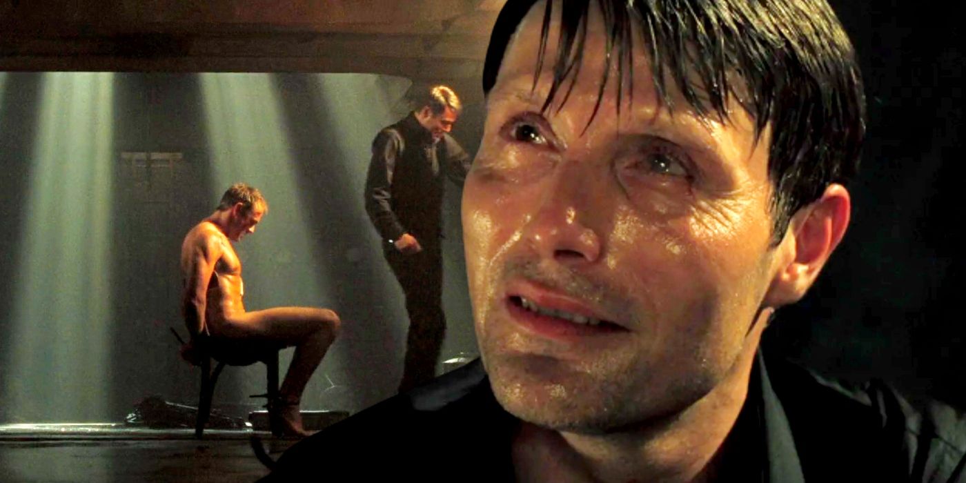 Custom image of Mads Mikkelsen as Le Chiffre juxtaposed with Daniel Craig sitting naked in a chair in Casino Royale.
