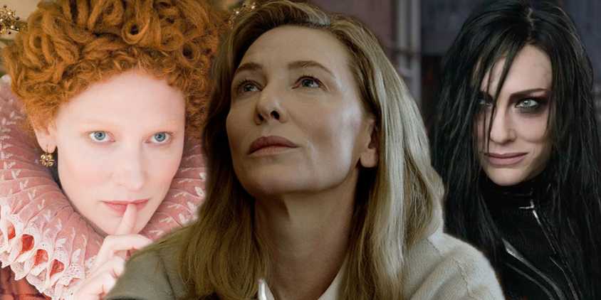 Cate Blachett in Elizabeth, Tar, and Thor Ragnarok collage.