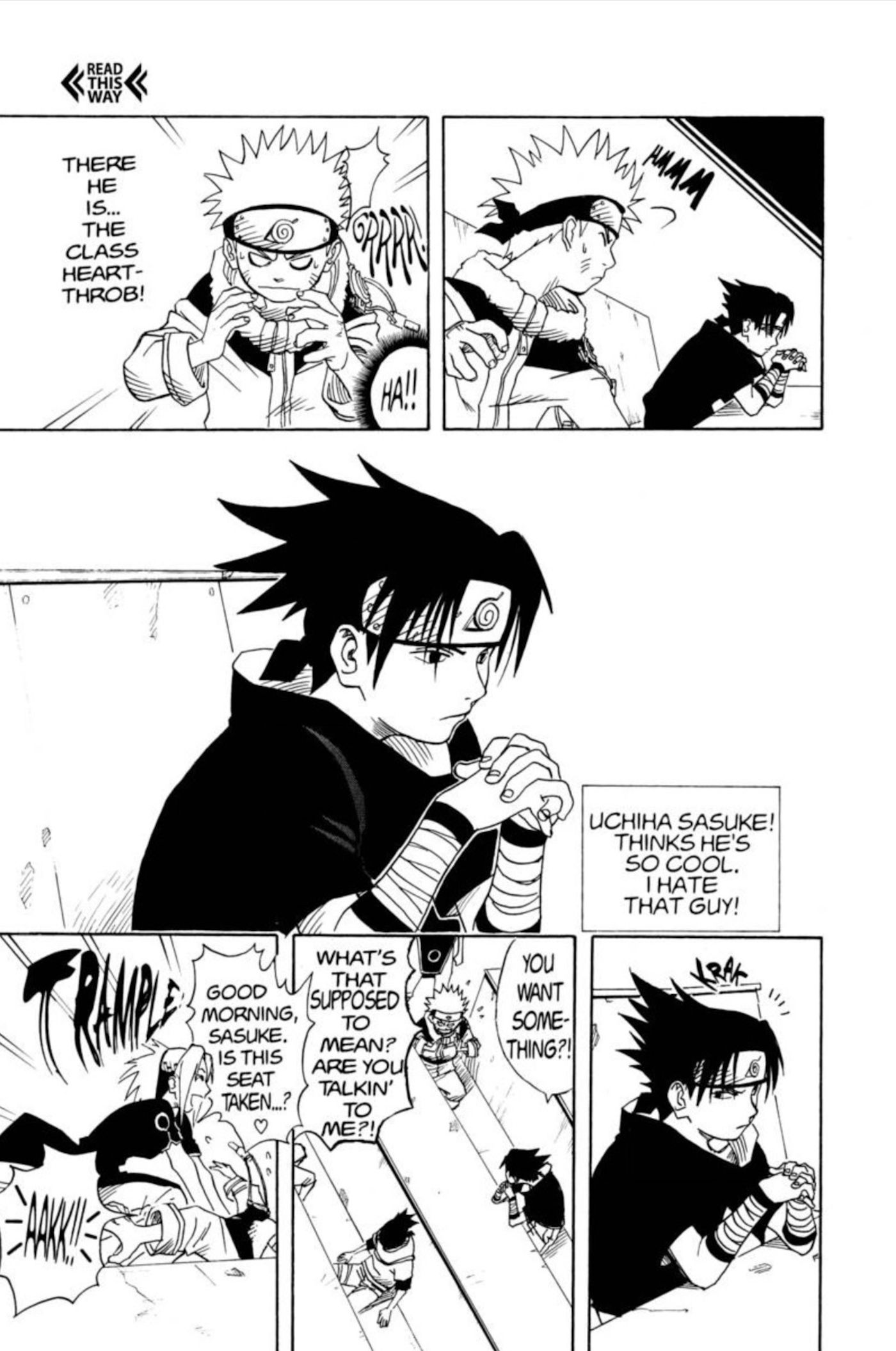 Panel dari manga Naruto chapter 3 menunjukkan Naruto memperkenalkan Sasuke saat mereka berada di dalam kelas.  Keduanya mulai mengganggu satu sama lain dan Sakura melompat ke arah Naruto untuk menghentikannya mengganggu Sasuke.