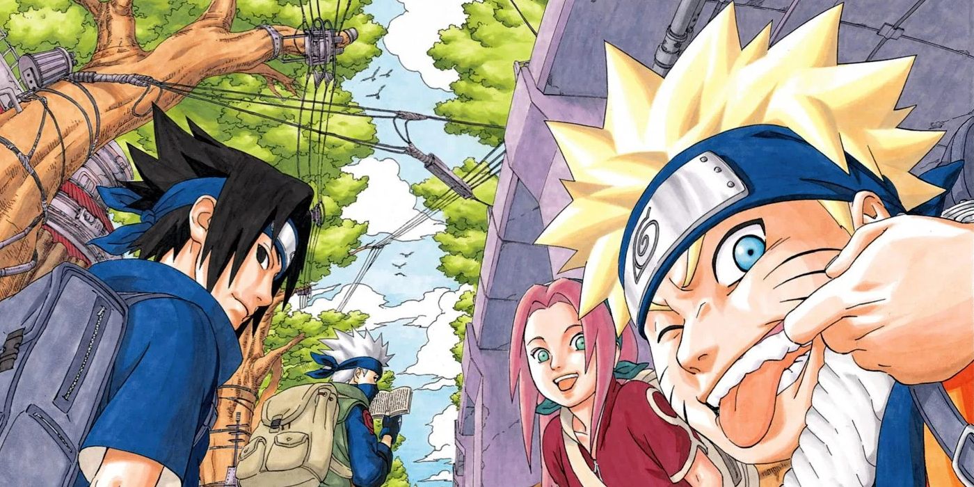 Imagens coloridas do mangá Naruto mostram um jovem Naruto, Sasuke e Sakura caminhando com Kakashi enquanto eles viajam para fora da vila. Cada personagem está olhando para o espectador.
