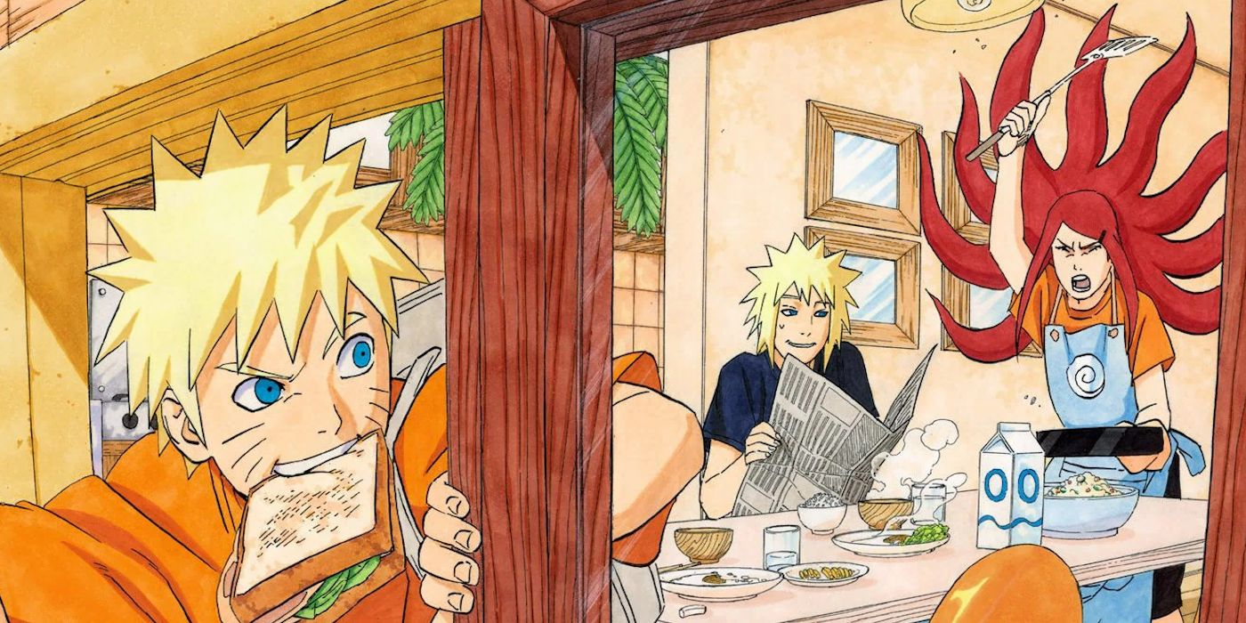 Image from chapter 503 of the Naruto manga color spread shows Naruto sneaking out the window with sand in his mouth, Minato reading the paper and Kushina furiously making food over a pot.