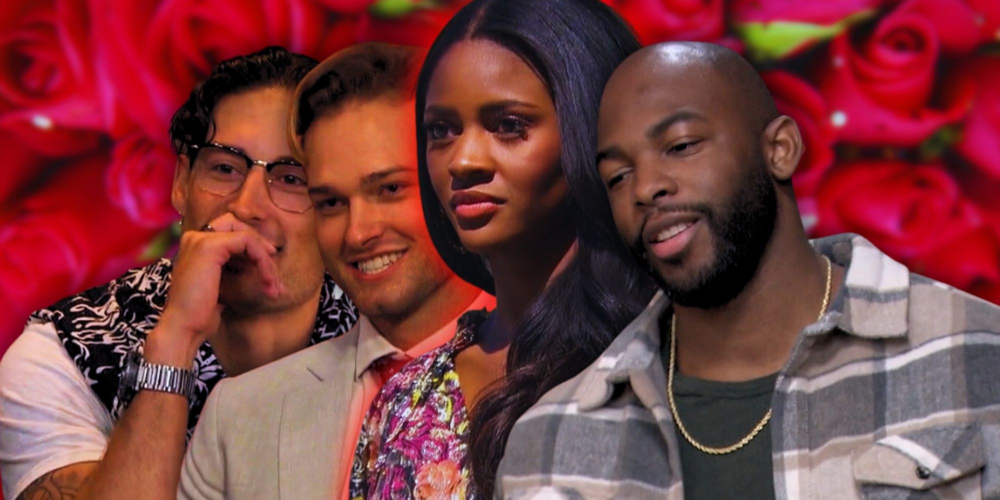 The Bachelorette&rsquo;s Charity Lawson, Adrian Hassan, Brayden Bowers and Sean McLaughlin in front of roses