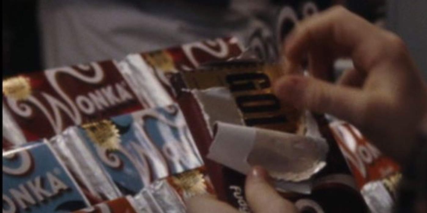 Charlie opens a Wonka bar in Charlie and the Chocolate Factory