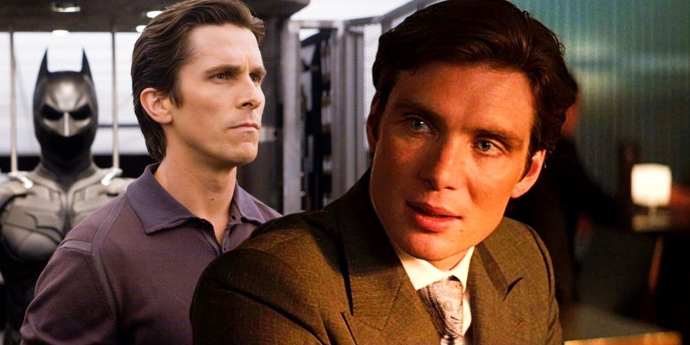 Custom image of Christian Bale next to a Batman suit and Cillian Murphy.