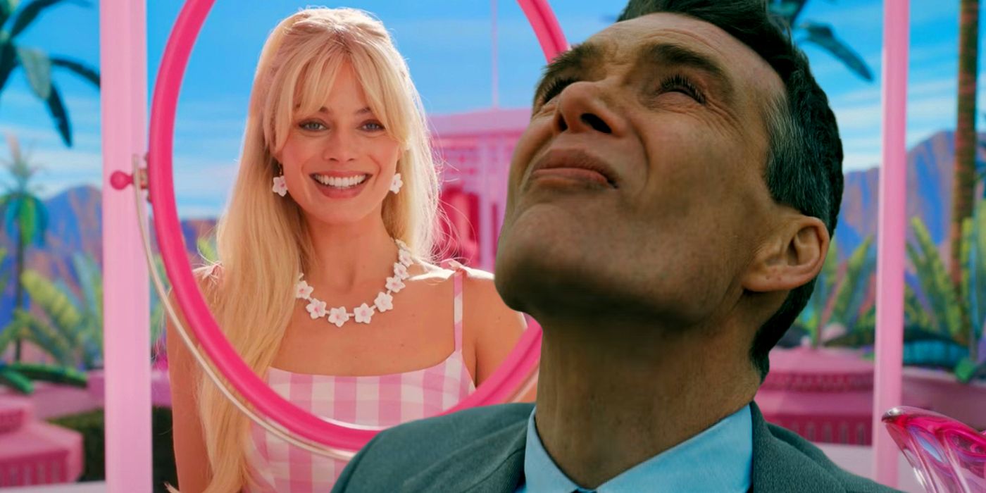 Cillian Murphy as Oppenheimer looking up with Margot Robbie as Barbie smiling