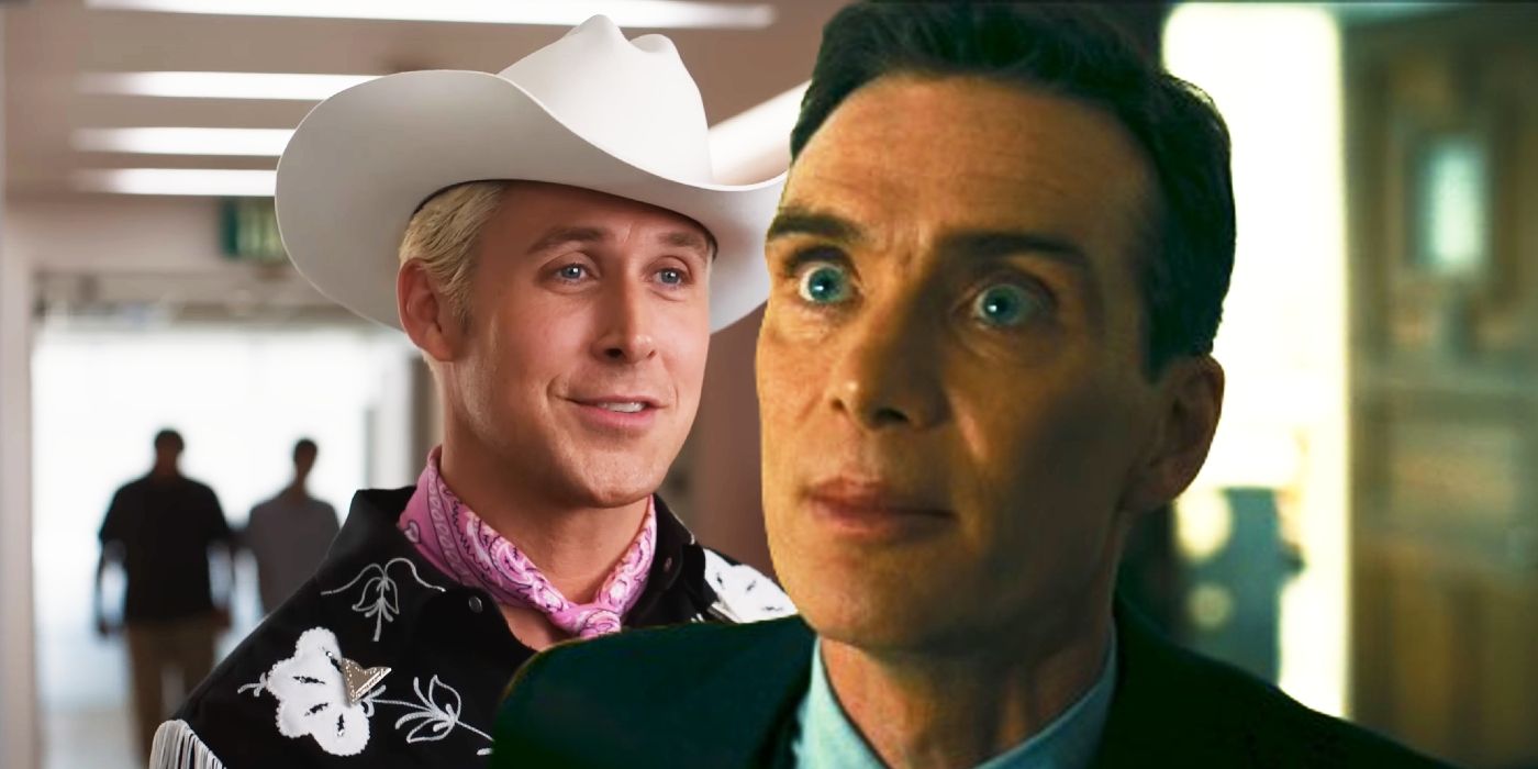 Custom image of Cillian Murphy in Oppenheimer juxtaposed with Ryan Gosling as Ken in Barbie.
