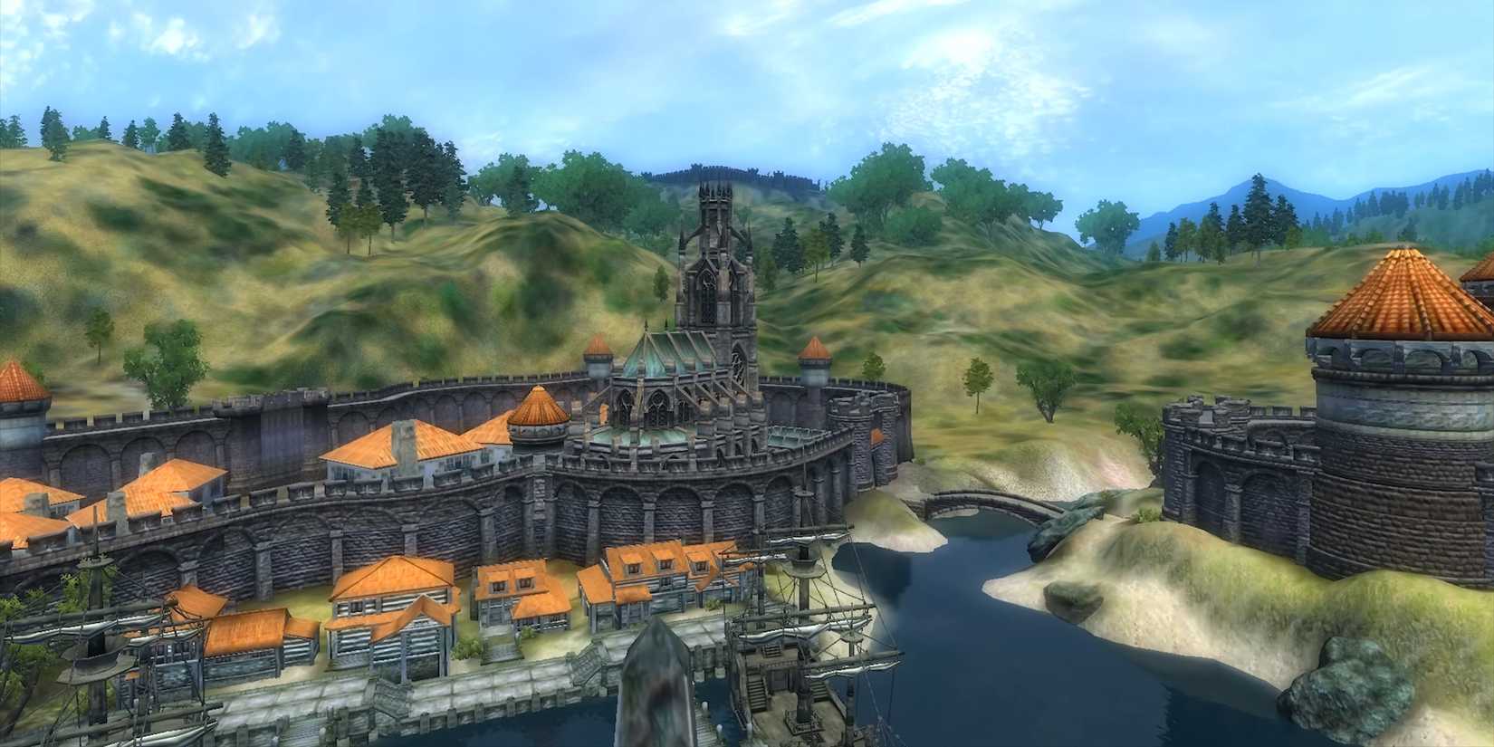 View of the docks area in the city of Anvil in The Elder Scrolls 4 Oblivion.