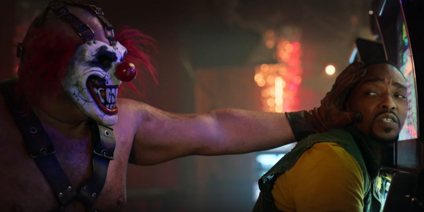 Sweet Tooth slams John's head against a slot machine in Twisted Metal