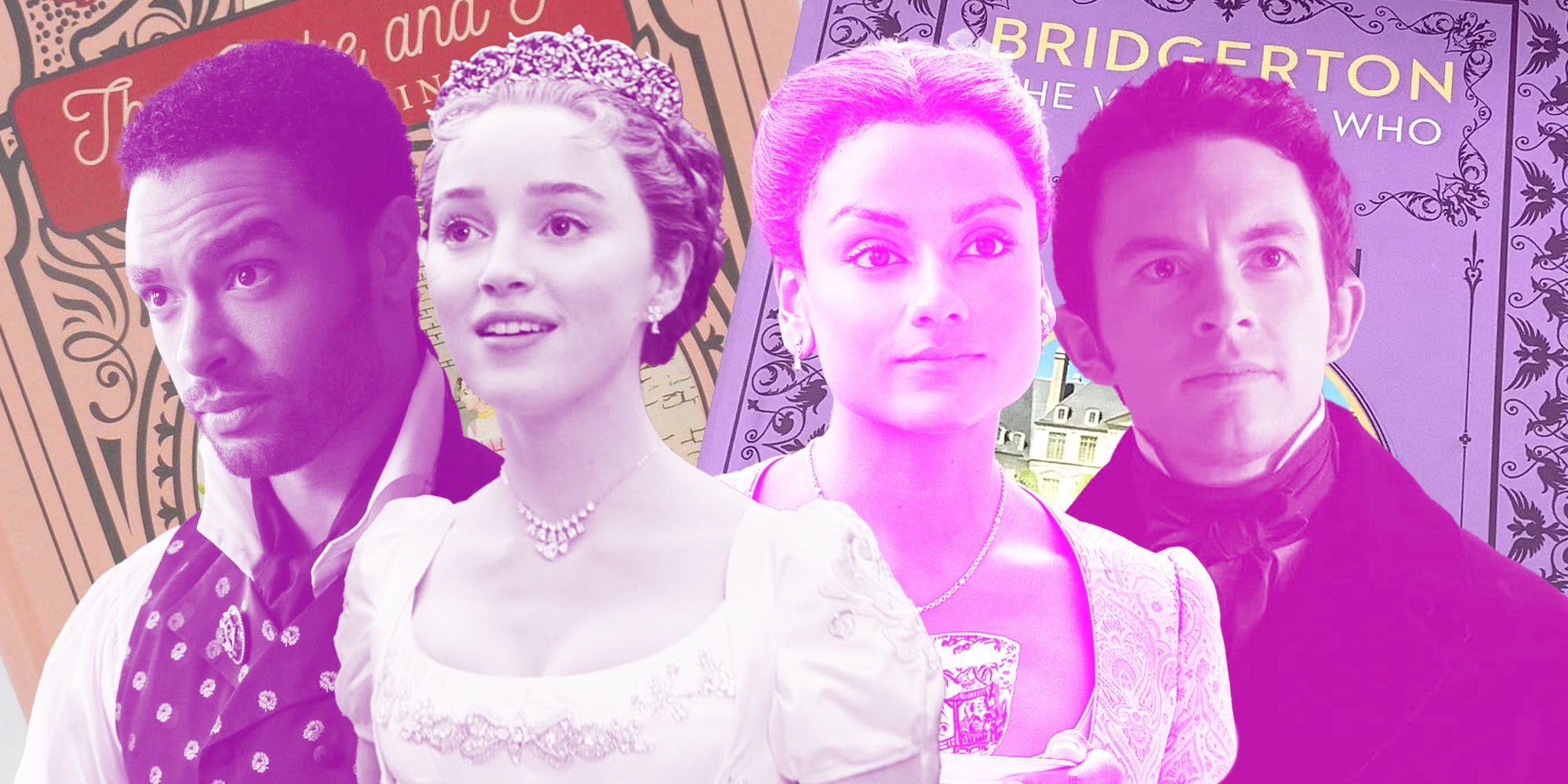 Collage of Simon, Daphne, Kate, and Anthony in Bridgerton with Bridgerton books in background