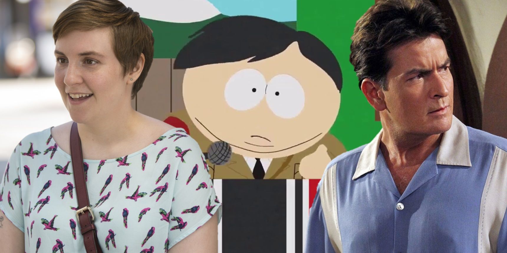 Collage of Hannah in Girls, Cartman in South Park, and Charlie in Two and a Half Men