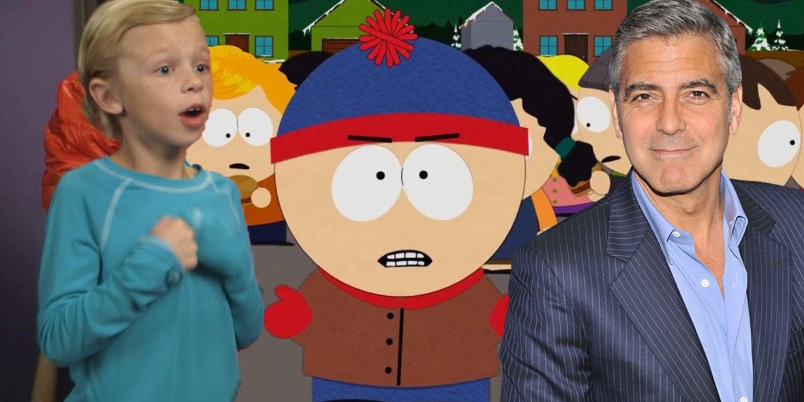 Collage of live-action Butters, Stan Marsh in South Park, and George Clooney