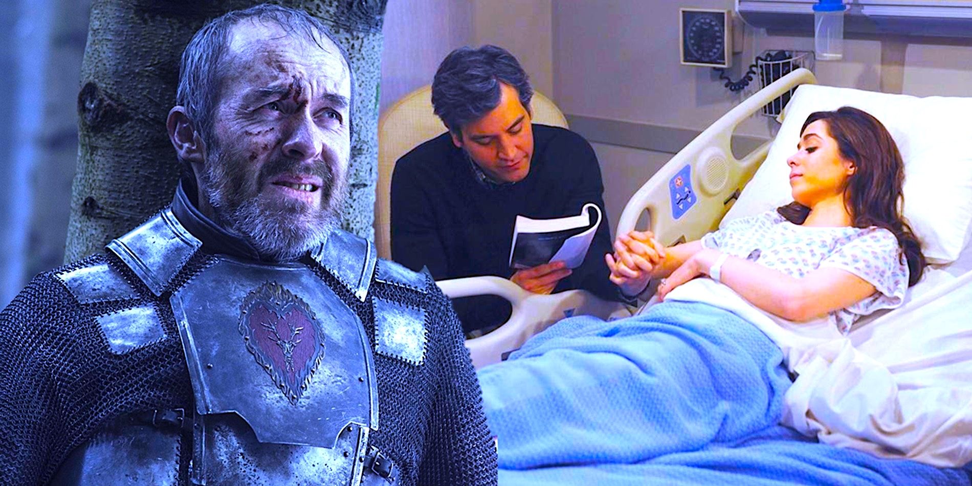 Collage of Stannis in Game of Thrones and Ted and Tracy in How I Met Your Mother