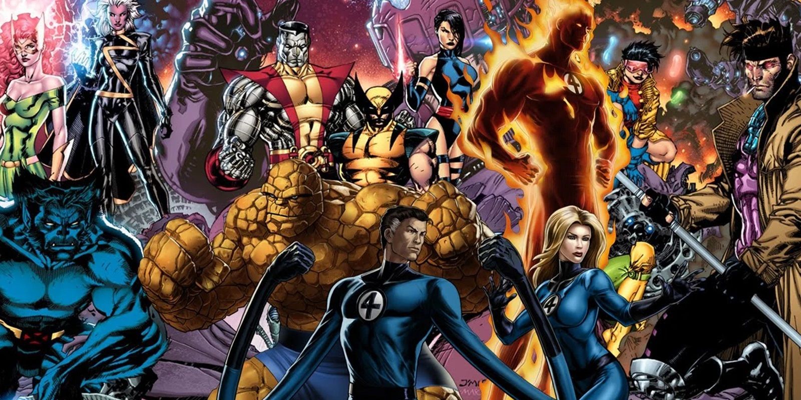 Imagem principal: vasta colagem com o Quarteto Fantástico cercado por membros dos X-Men