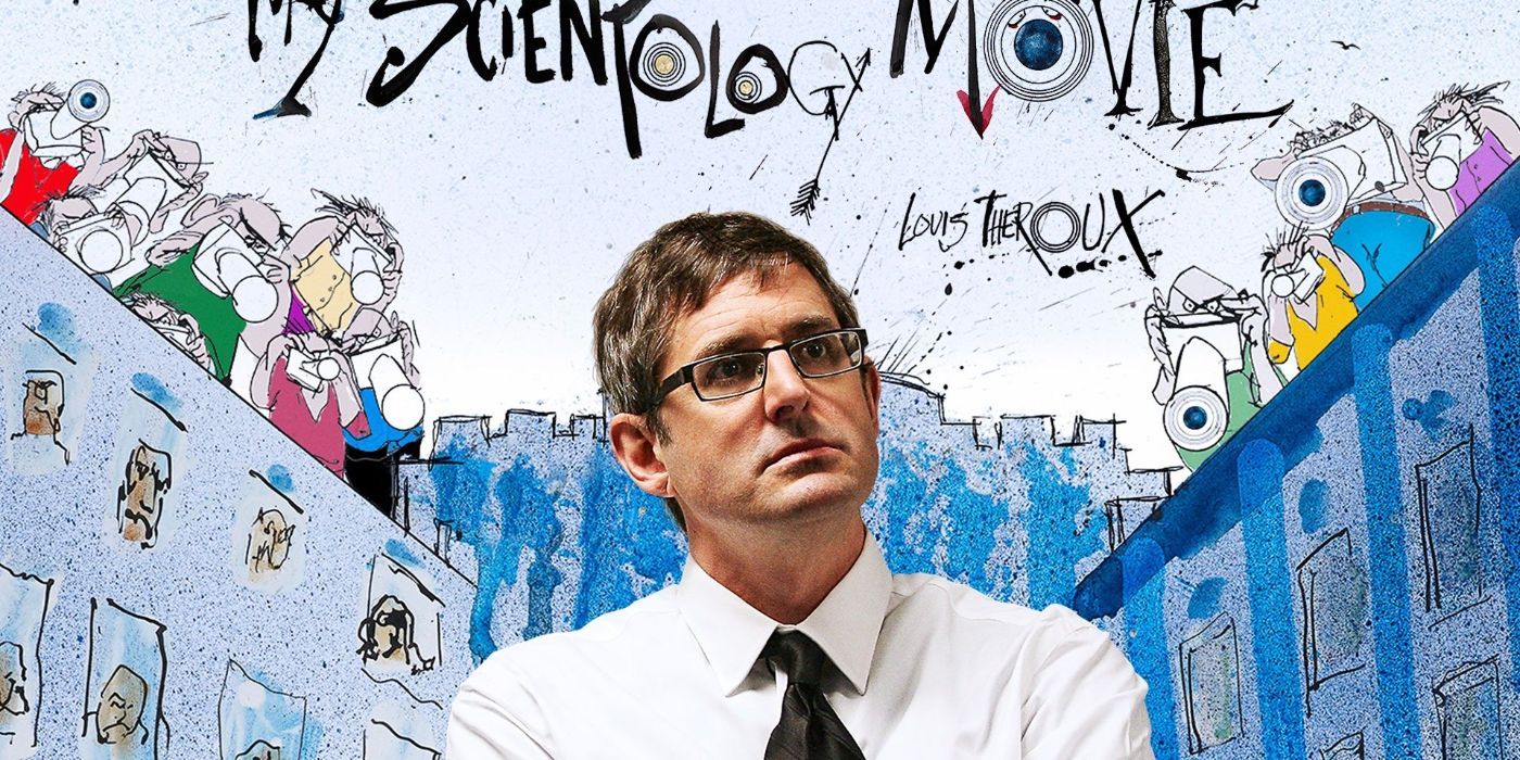 Cover of My Scientology Movie with Louis Theroux standing in front of a drawn cityscape.
