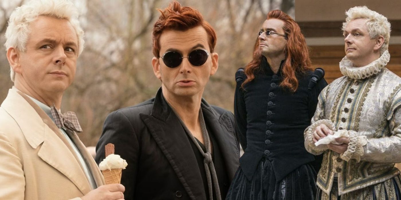 A composite image of Crowley and Aziraphale in different costumes in Good Omens