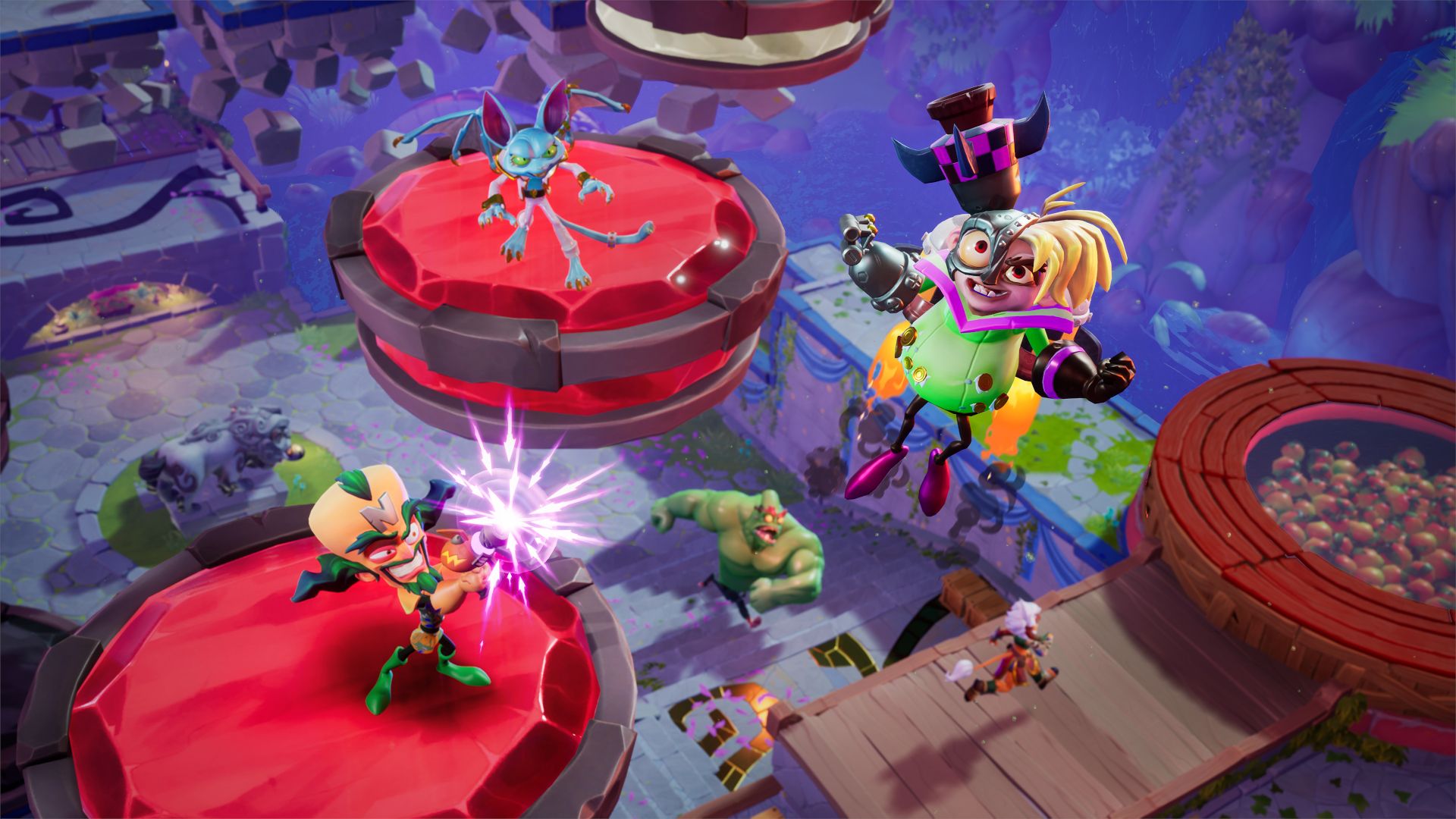 Image from Crash Team Racing game shows game&rsquo;s characters fighting to claim platforms while N. Gin jumps into the air while Cortex aims a laser at him.