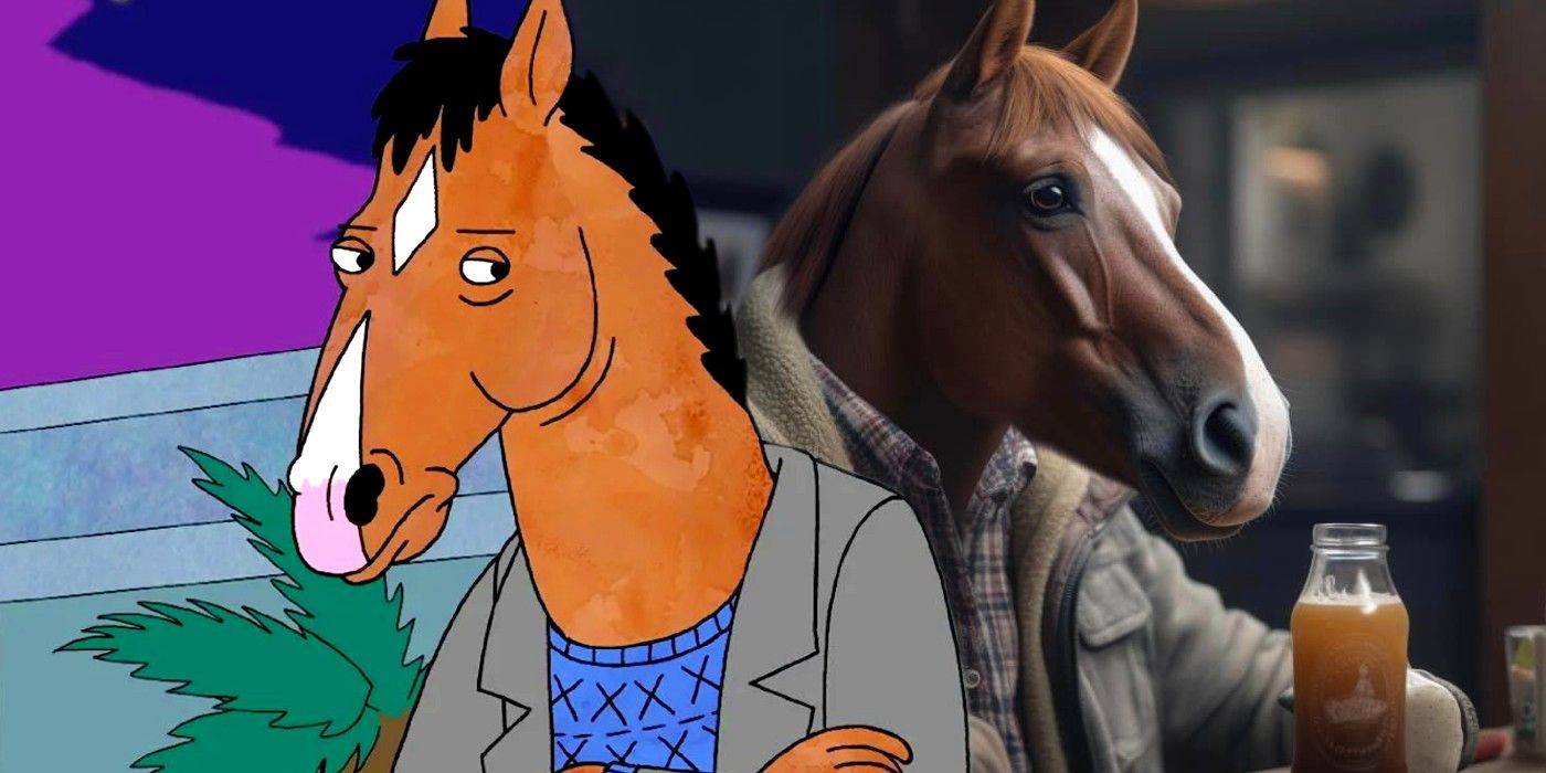 Custom image of Bojack Horseman in his animated form and the live-action art