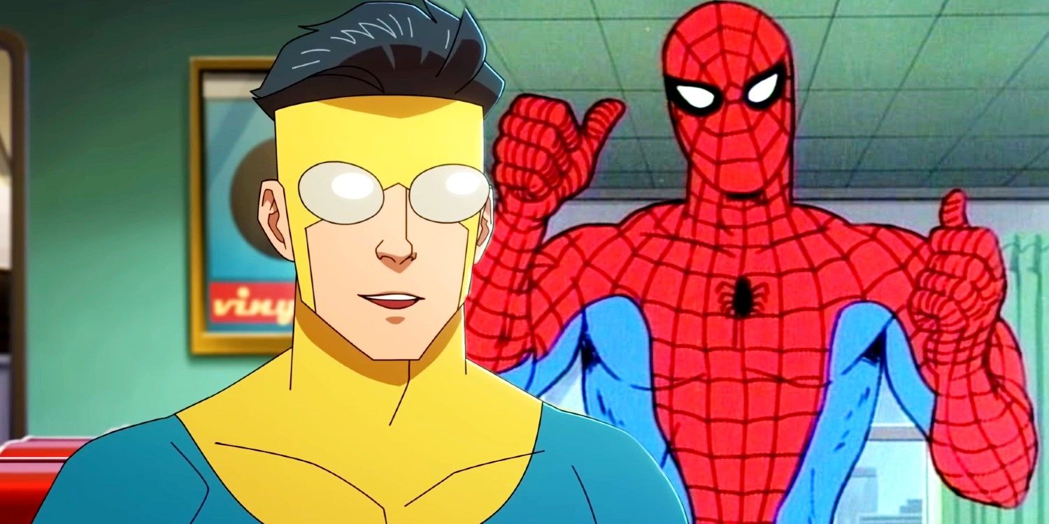 Imagem personalizada de Invincible conversando em um restaurante e animação do Homem-Aranha de um programa de TV