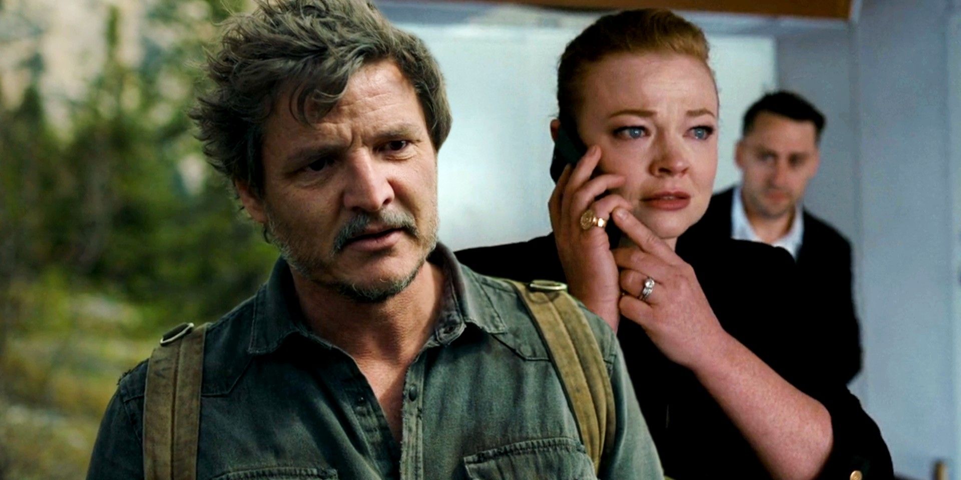 Custom image of Joel talking in the Last of Us and Shiv crying on the phone in Succession