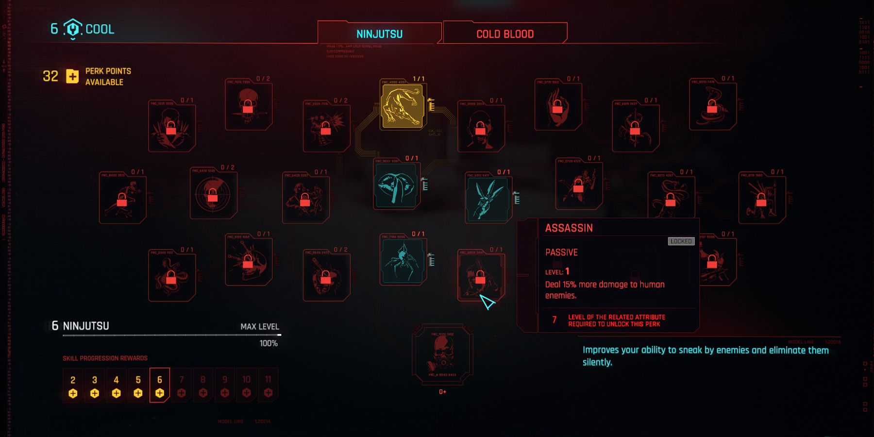 Perk menu in Cyberpunk 2077 showing the Assassin perk.