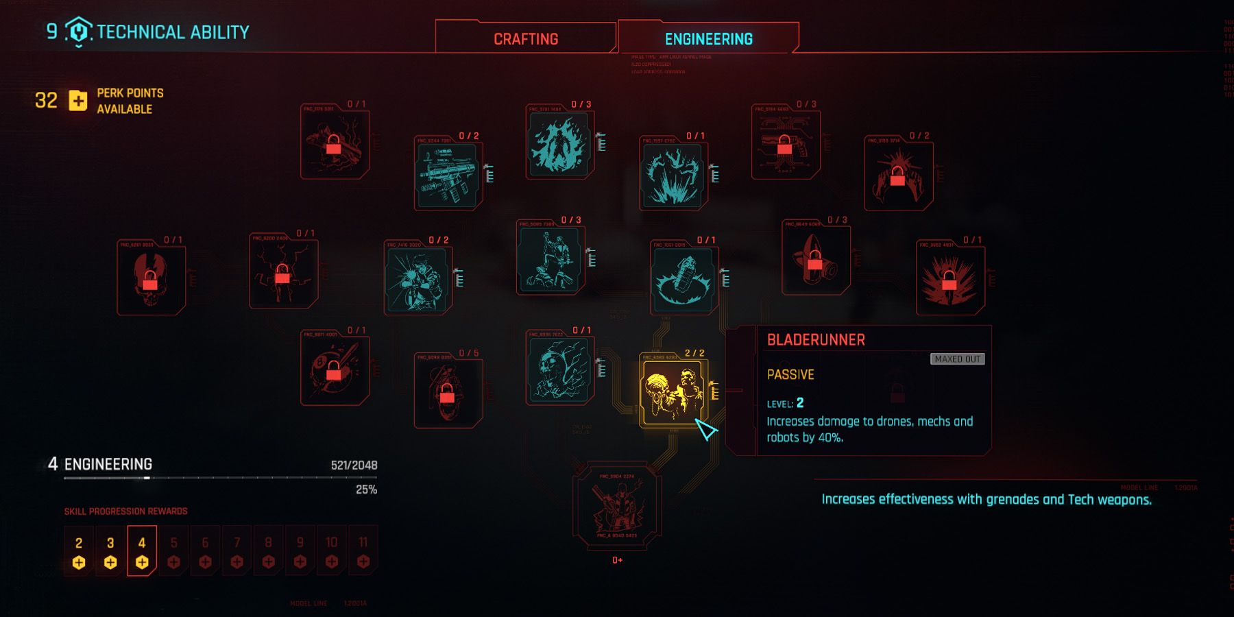 Perk menu in Cyberpunk 2077 showing the Bladerunner perk.