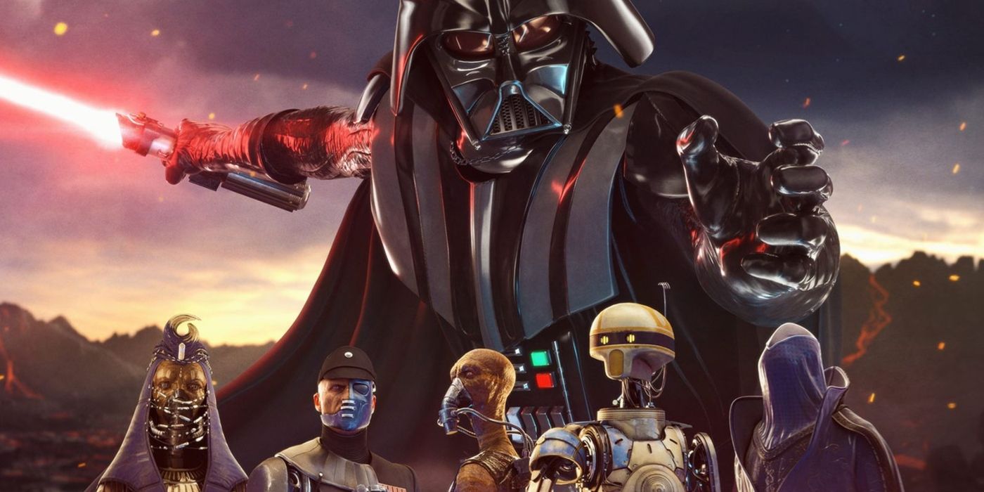 Darth Vader threatening droids and cyborgs.