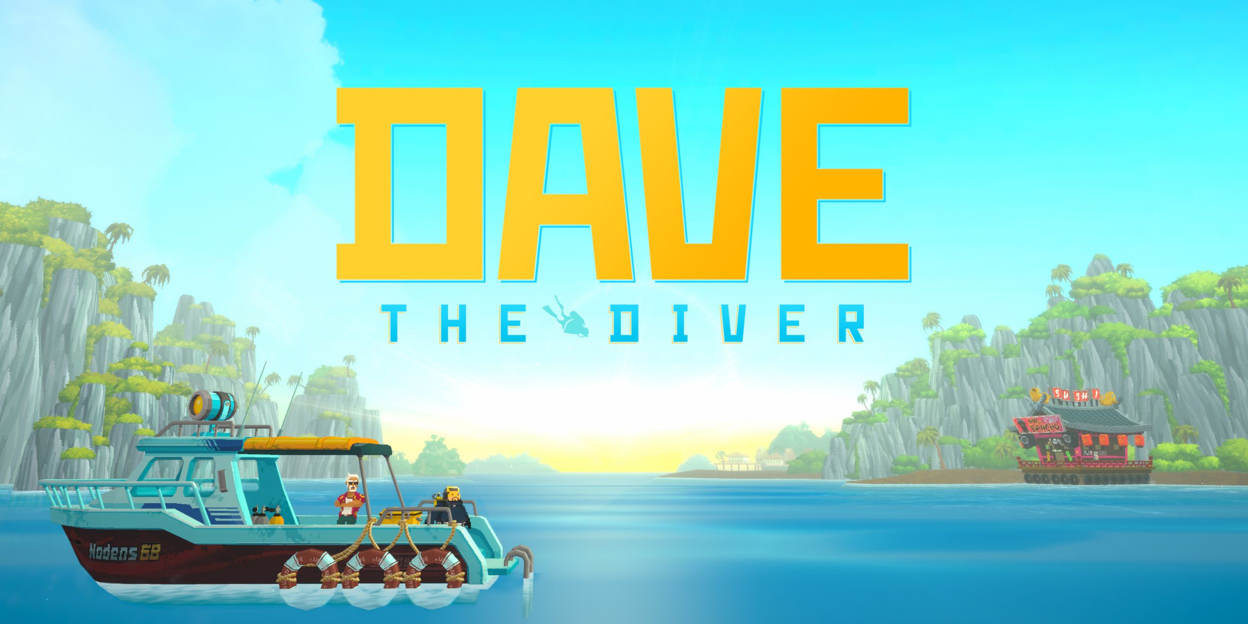 Dave The Diver Artwork. A fishing boat is on still blue water. The words 