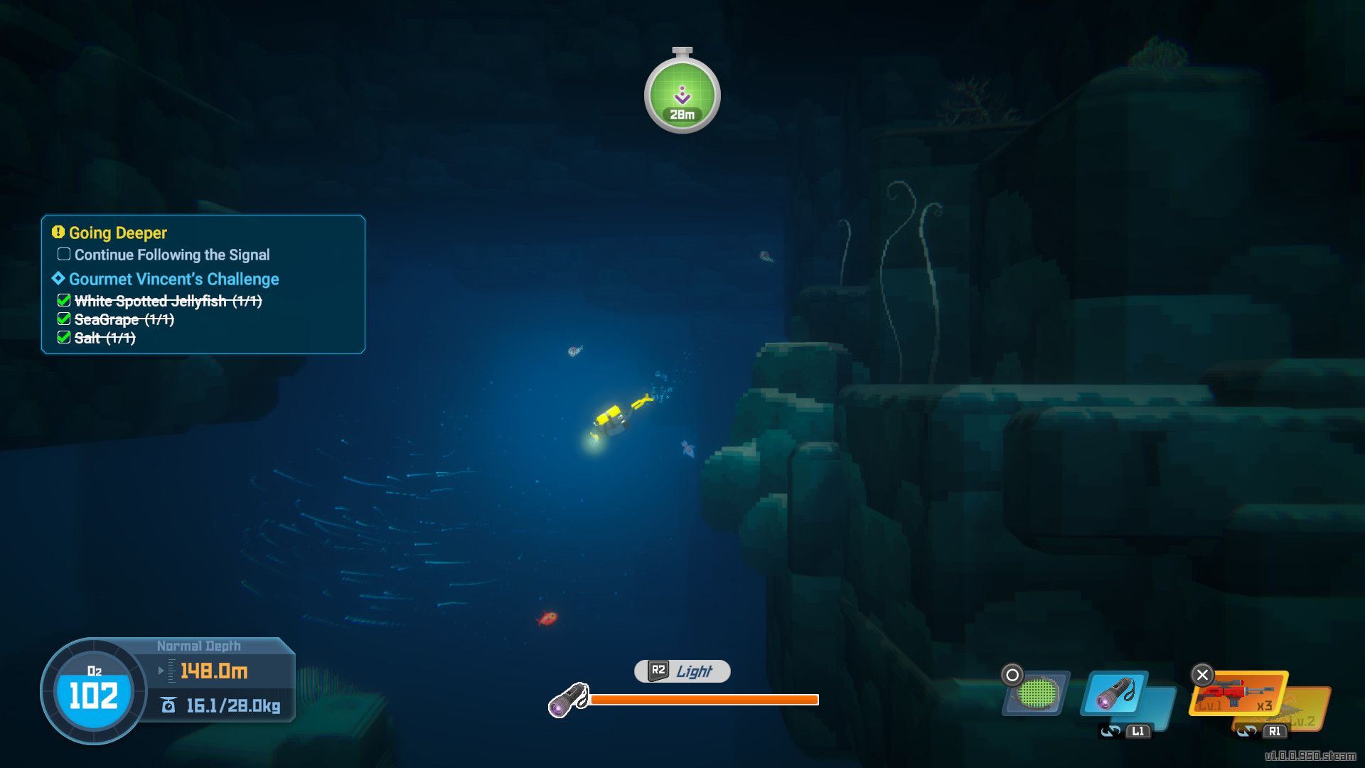 A screenshot from Dave The Diver. A diver is swimming in the deep, dark ocean.