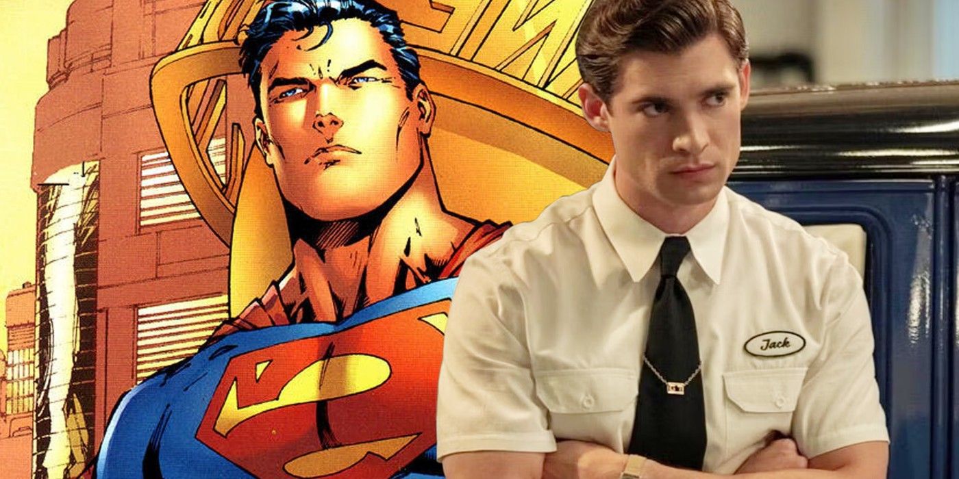 David Corenswet and a comics image of Superman
