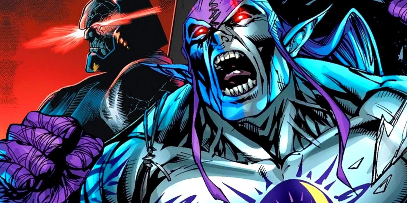 Arte em quadrinhos: Eclipso grita na frente de Darkseid.