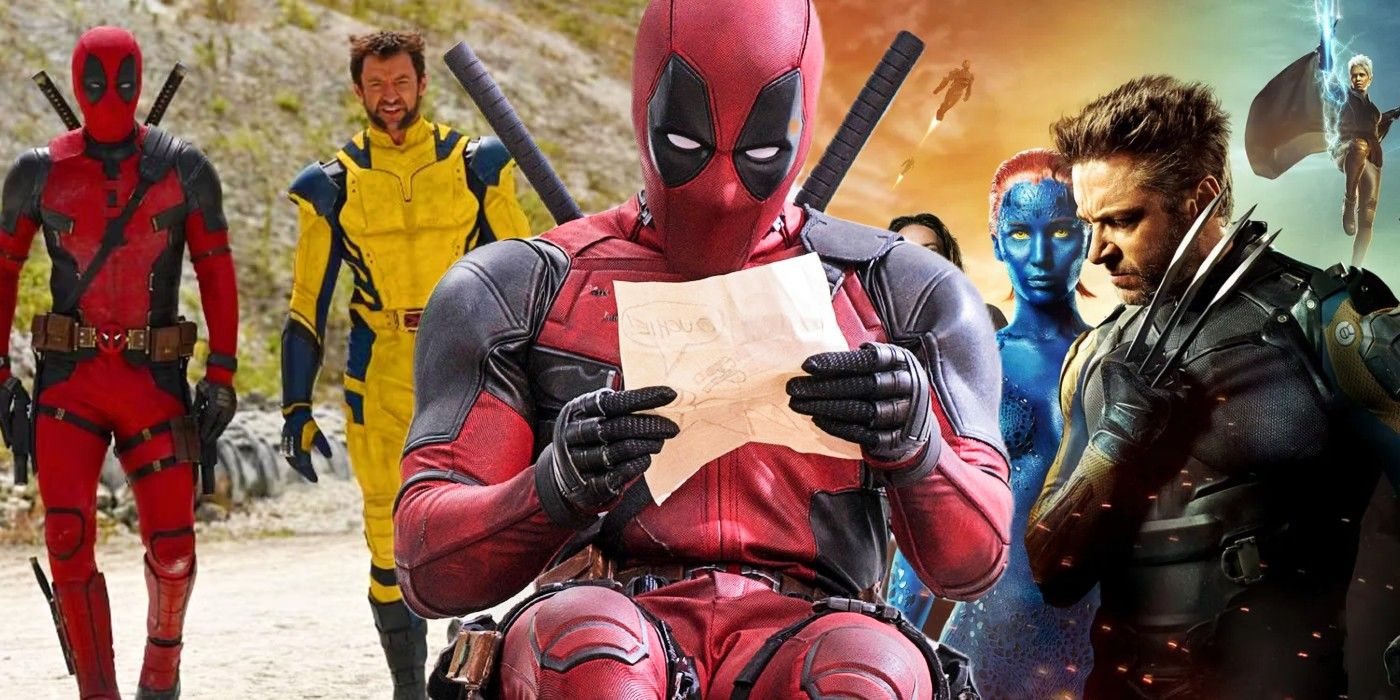 Custom image of a Deadpool 3 set photo, the Deadpool movie, and X-Men: Days of Future Past poster.