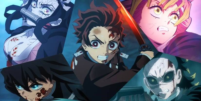 Demon Slayer swordsmith village arc finale with Genya Mitsuri Nezuko Tanjiro and Muichiro in a split screen pattern
