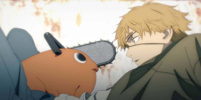 Denji and Pochita staring at each other in Chainsaw Man's first episode.