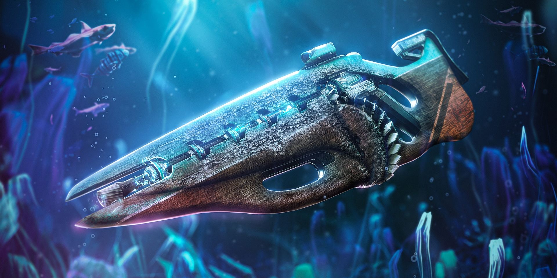The Centrifuse Exotic Auto Rifle is underwater while fish swim around it.