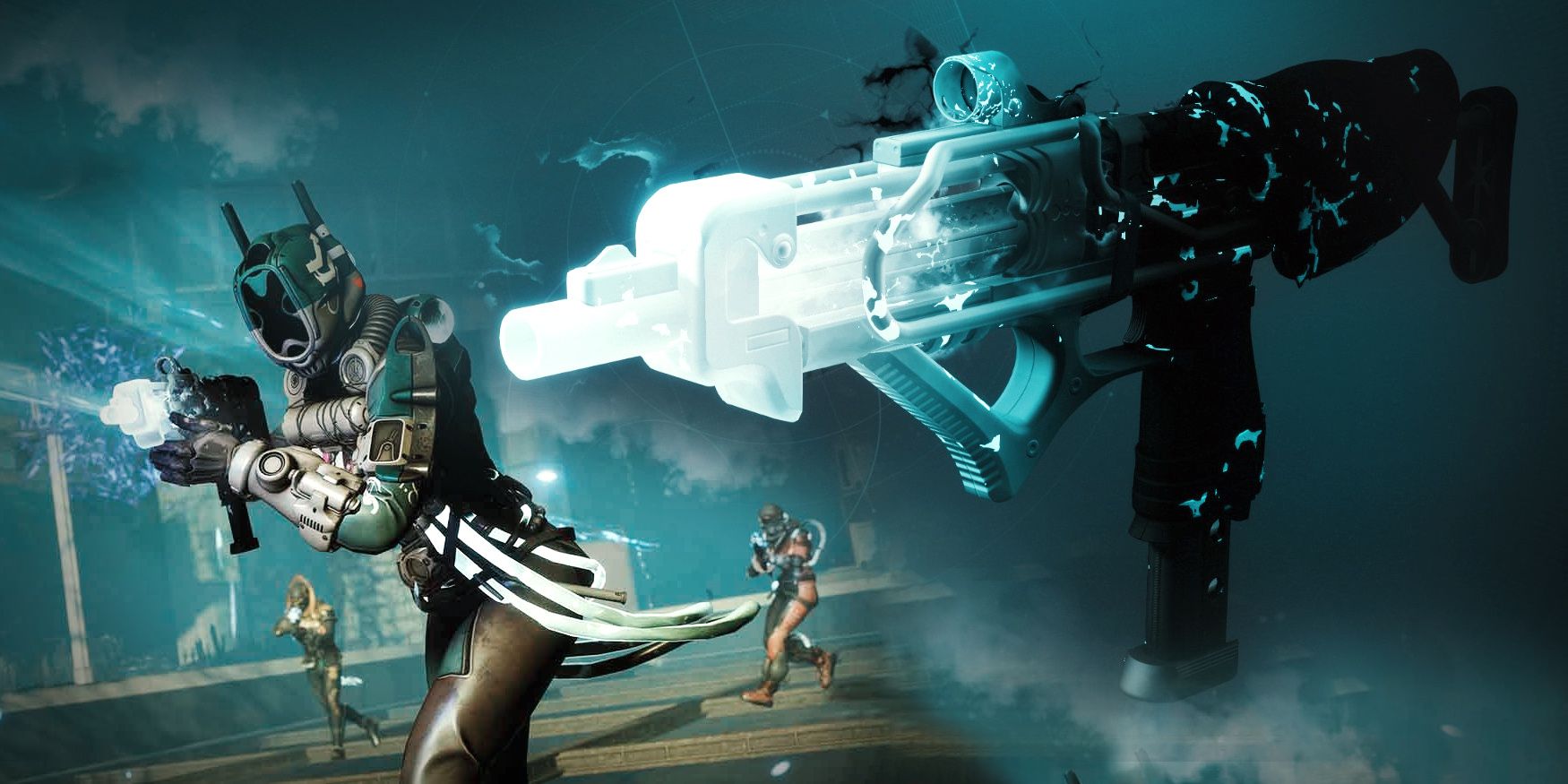 A Destiny 2 Warlock shooting the Rapacious Appetite on the left, with a close-up on the weapon on the right.