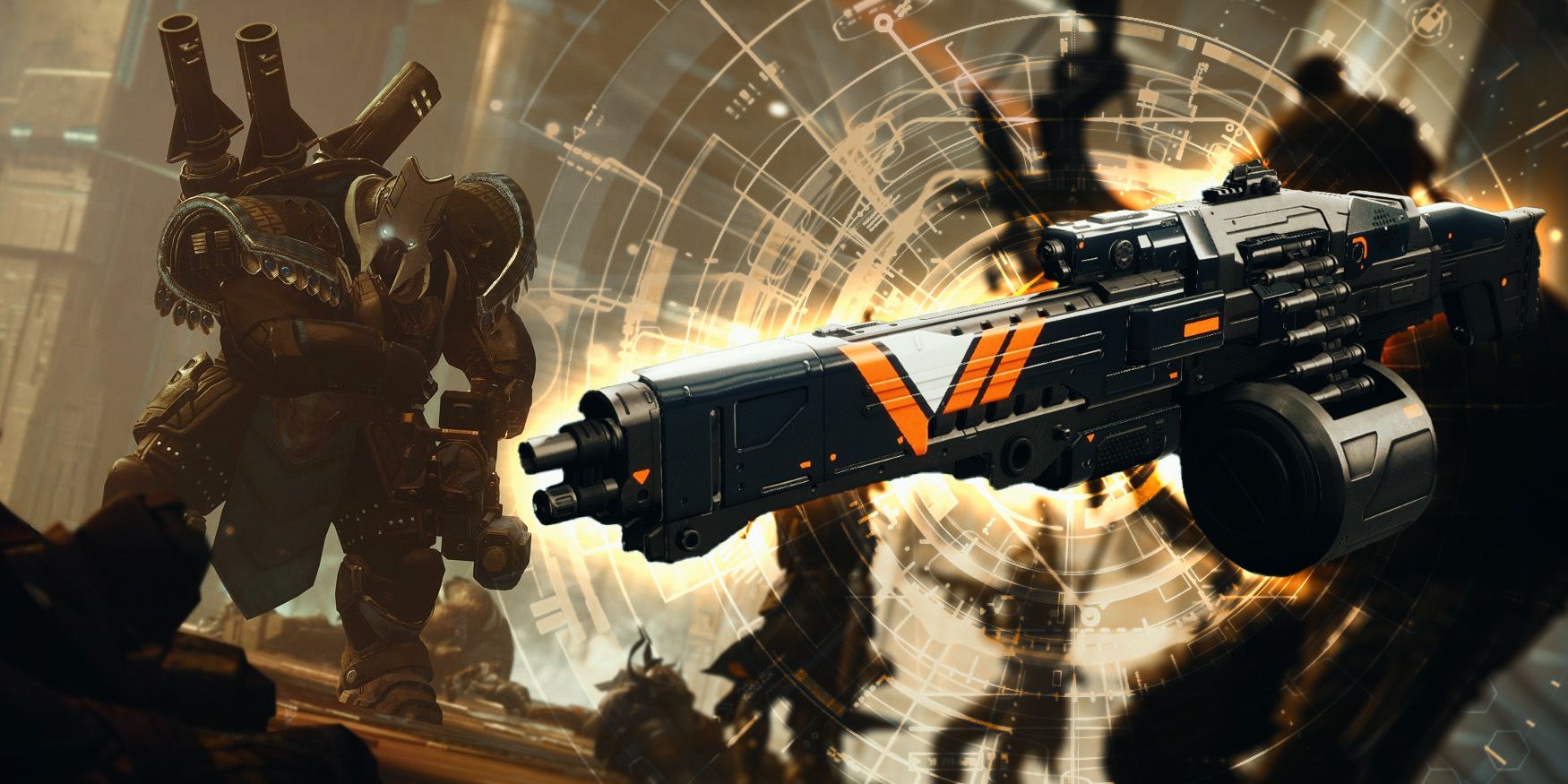 Destiny 2's The SWARM Machine Gun superimposed to the left, over an image of Guardians facing a Cabal boss.
