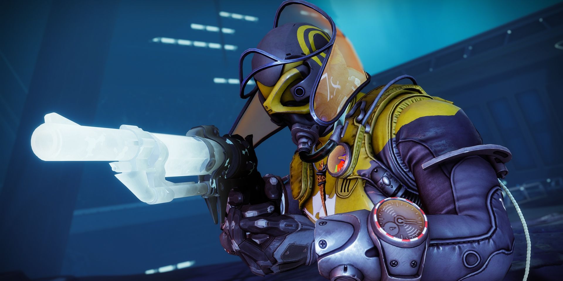 A Destiny 2 Hunter wearing standard Season of the Deep armor while aiming Targeted Redaction in a Deep Dive activity.