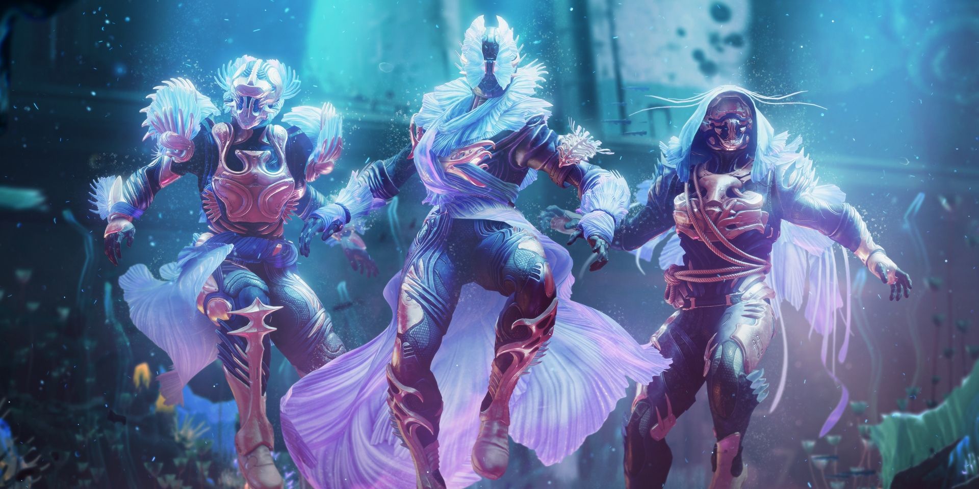 Three Destiny 2 Guardians using Season of the Deep Ornament Armor underwater. The left Guardian is a Titan, while the middle one is a Warlock, while the one on the right is a Hunter.