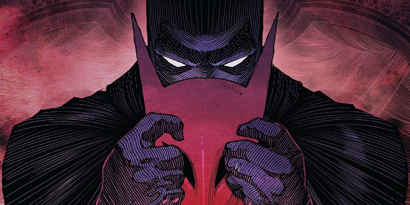 Comic book art: Batman holding a red mask.